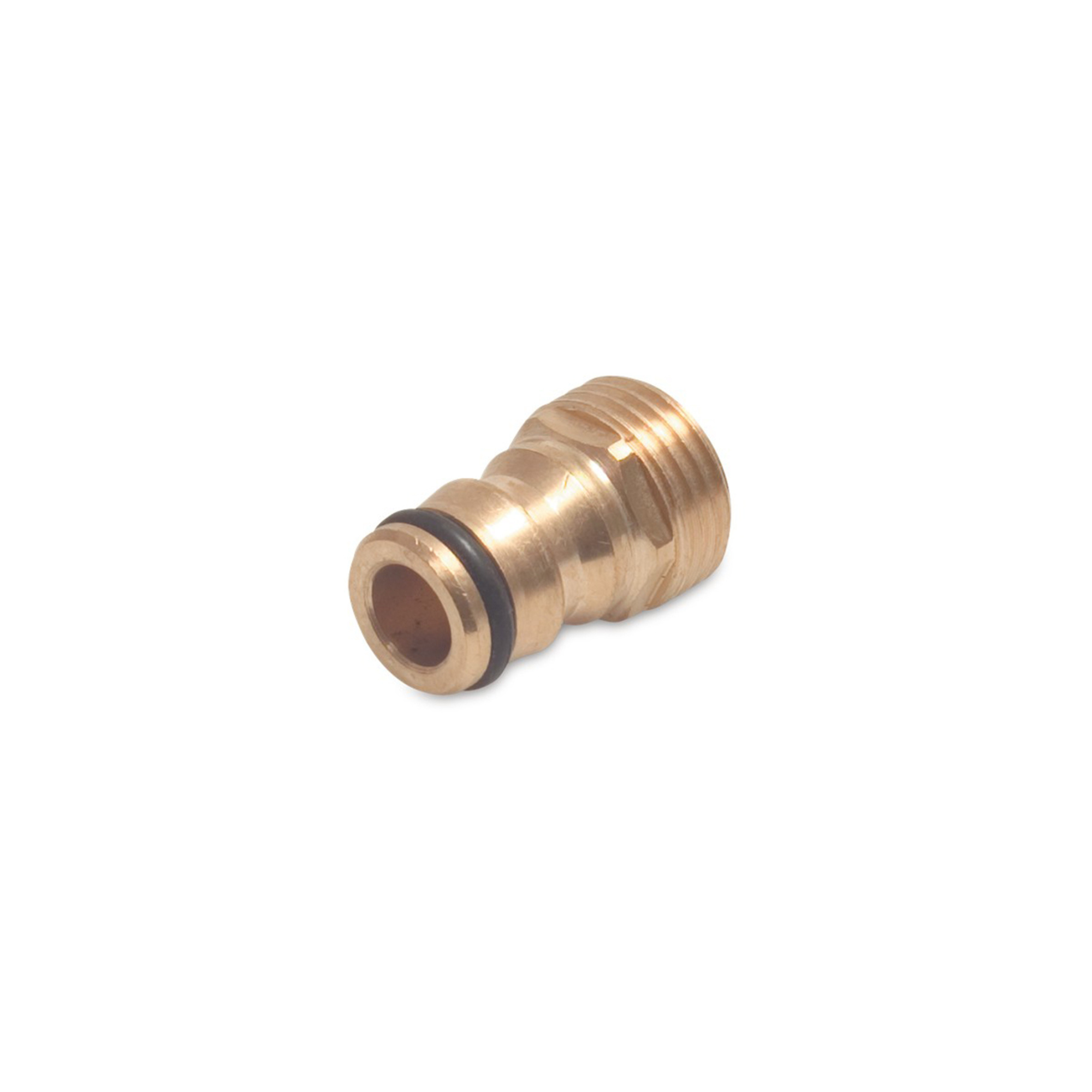 Close-up of a Click 2 brass male click connector with a ¾” BSP male thread, designed for easy and secure connections in irrigation systems, featuring durable construction for reliable performance