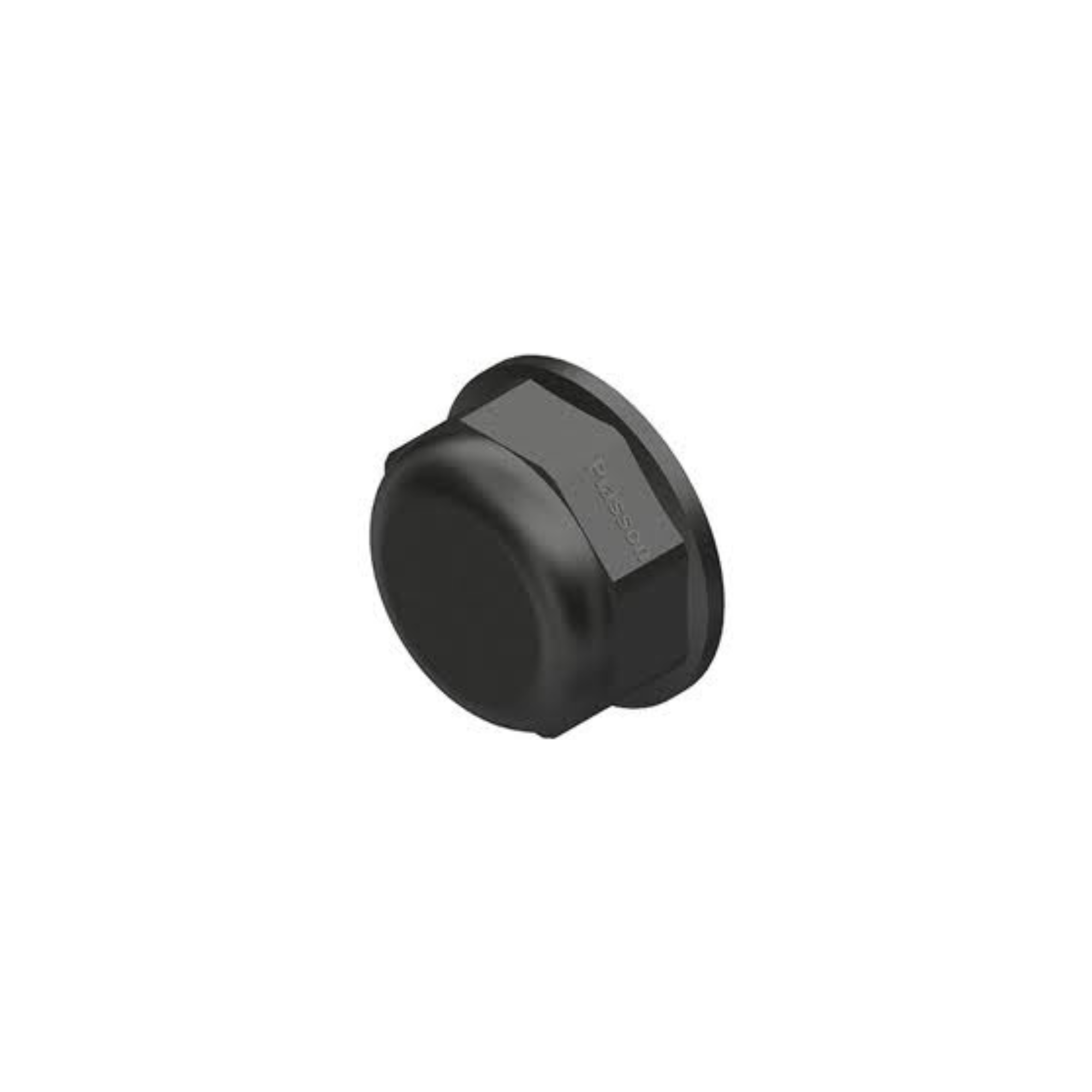 Close-up of a Plasson threaded cap, designed to securely seal pipe ends in irrigation systems, featuring durable construction for leak prevention and reliable performance