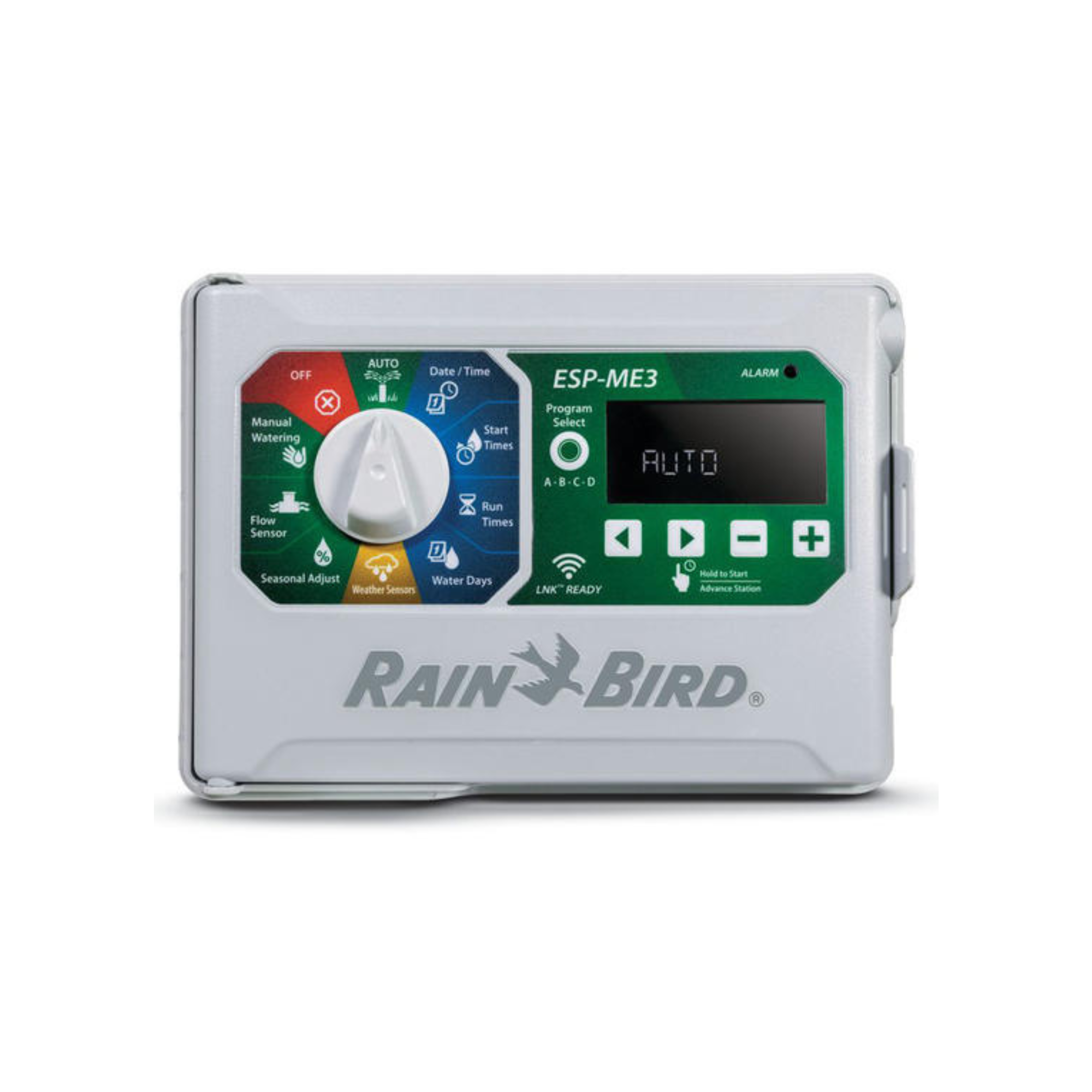 Image of the RAIN BIRD™ ESP4ME3EUR Controller, showcasing a sleek design with an intuitive interface and multiple programming options, ideal for managing irrigation schedules in residential and commercial landscapes